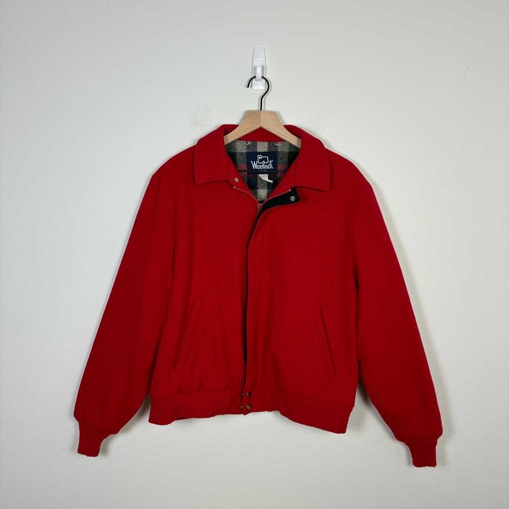 Woolrich Vintage Red Wool Bomber Jacket Plaid Lined Full Zip USA Mens L 90s